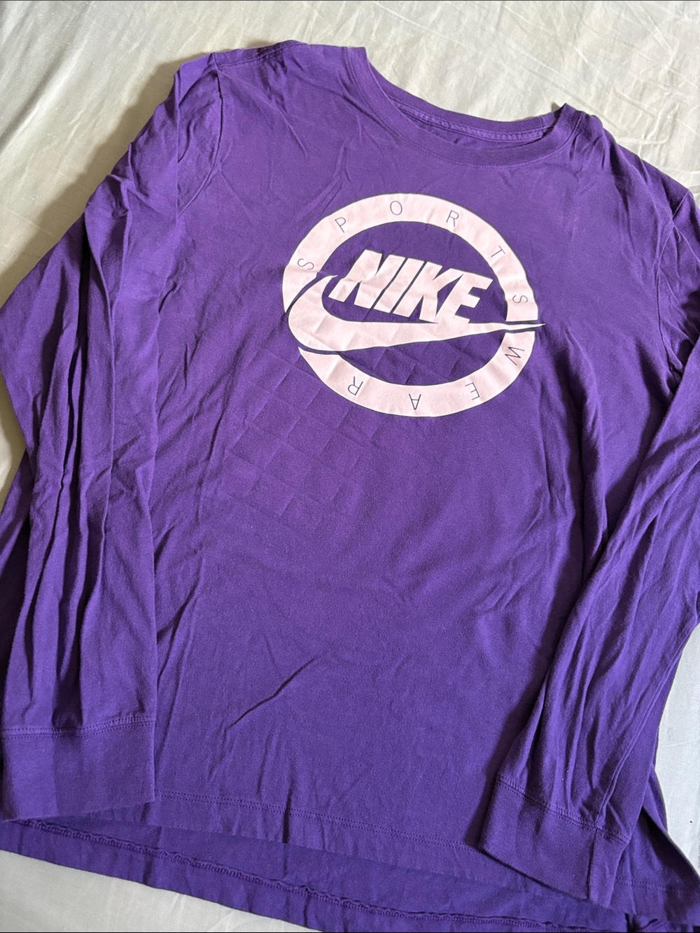 Nike Men's Purple Long-Sleeve Logo Tee with Light Pink Emblem